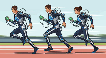 Athletes in advanced exoskeletons running on a track with data displays