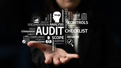 A business professional holds a word cloud illustrating key concepts related to audits, compliance, and risk assessment, emphasizing the importance of thorough documentation and review. Tessel