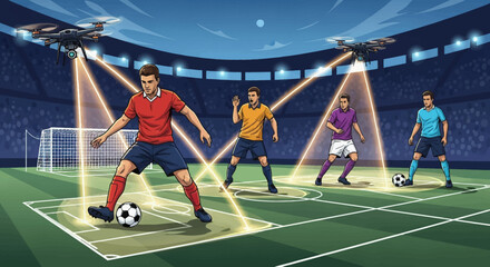 Naklejka premium Soccer Players Monitored by Drones, Dynamic Action Pose, Stadium Setting