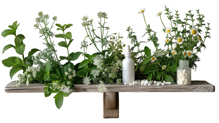 Assortment of medicinal herbs and homeopathic remedies on a wooden shelf, isolated on transparent background