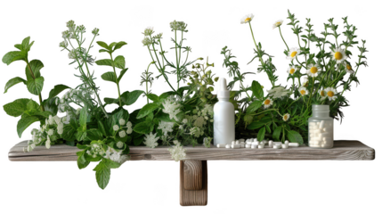 Assortment of medicinal herbs and homeopathic remedies on a wooden shelf, isolated on transparent background
