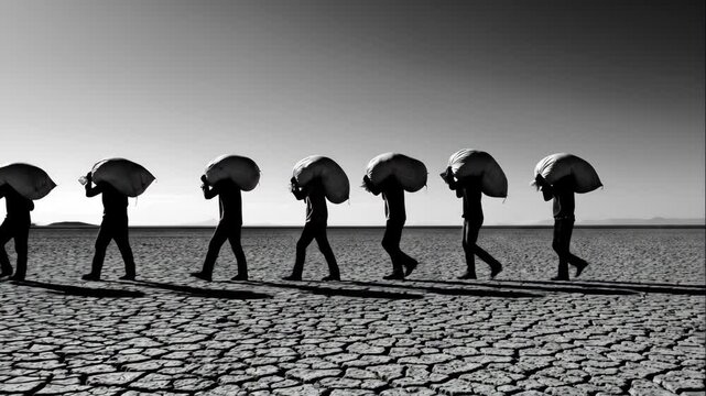 Migrant Workers Carrying Heavy Bags Across Barren Land - A black and white video shows a line of migrant workers carrying heavy sacks across a cracked, barren landscape under a bright sky.