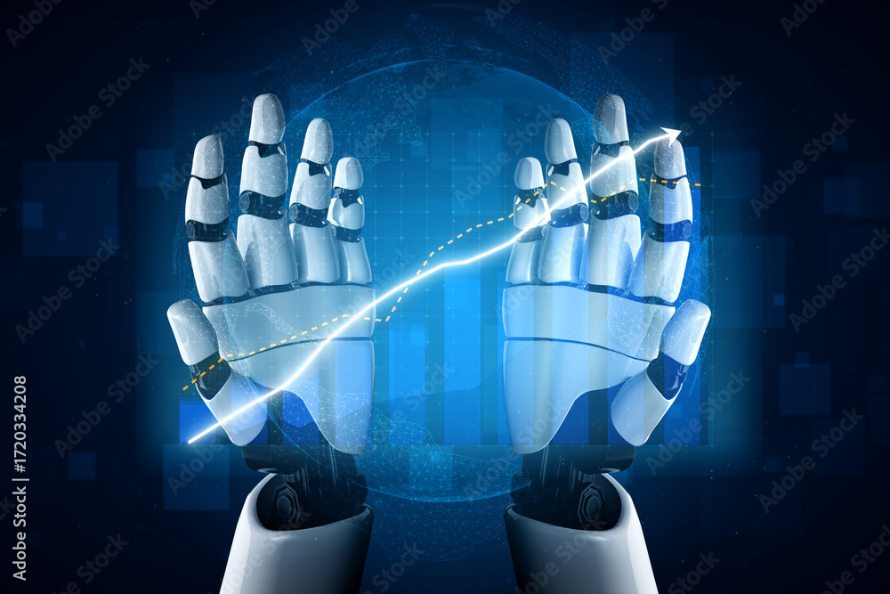 Poster this striking image showcases futuristic robotic hands reaching out towards a digital graph, symboli