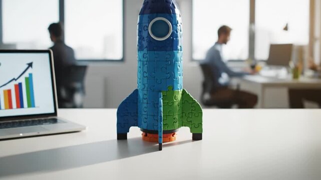 Colorful Rocket Shaped Puzzle on White Desk Showcasing Innovation, Teamwork, and Growth with Laptop Displaying Chart in Modern Office Environment