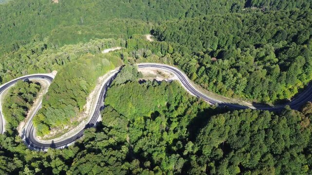 Aerial view of winding asphalt mountain road among green trees in summer. (Domani&ccedil;,İneg&ouml;l dağ yolu)