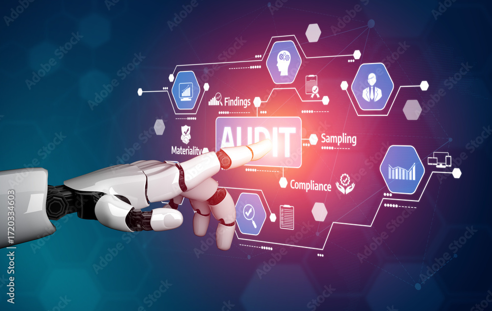 Poster this image showcases a robotic hand engaging with a vibrant digital display of audit symbols, emphas