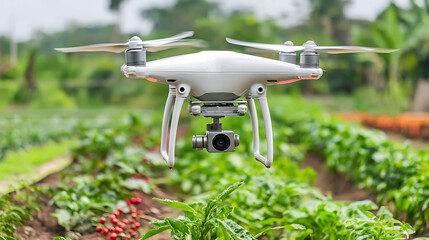 Drone with camera flying over a vegetable garden