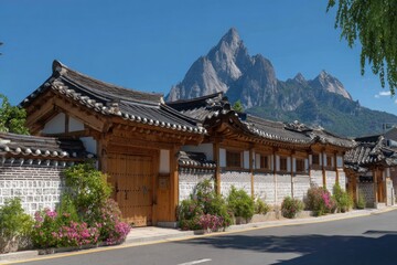 Fototapeta premium Traditional Korean houses with a stone wall line a street, showcasing ornate wooden architecture against a backdrop of dramatic mountains under a vibrant blue sky.