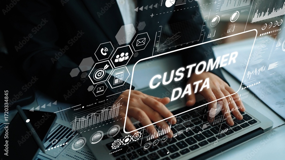 Aufkleber hands typing on laptop surrounded by digital graphics representing customer data and analytics in a 