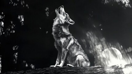 Black and white wolf howling under the moonlight in a painting style. Wolf howling under the full moon, black and white painting.