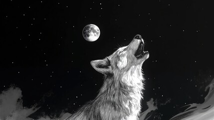Black and white wolf howling under the moonlight in a painting style. Wolf howling under the full moon, black and white painting.