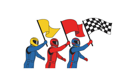 Naklejka premium Stylized illustration of three racers in colorful suits holding yellow, red, and checkered flags.