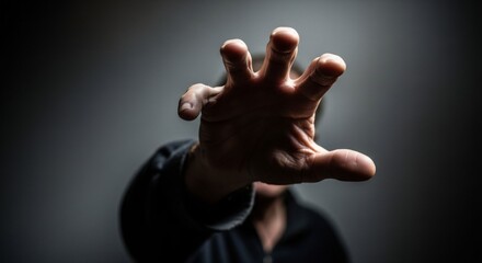 Close-up of extended human hand with dramatic lighting  
