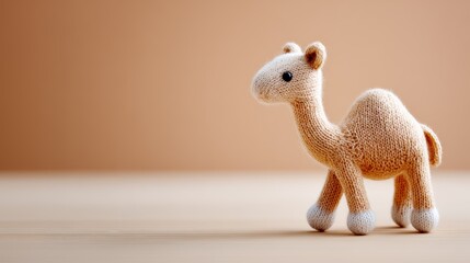 Knitted camel toy with button eyes and soft texture standing on wooden surface with warm background 