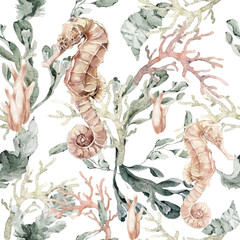Watercolor seamless pattern with sea life – starfish, shells, octopus, corals, and seaweed. Ideal for textiles, wallpaper, beach and tropical designs, coastal interiors, and nautical decoration