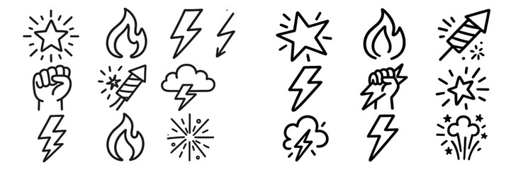 Bold and dynamic icons featuring stars, flames, lightning, and festive elements for creative projects