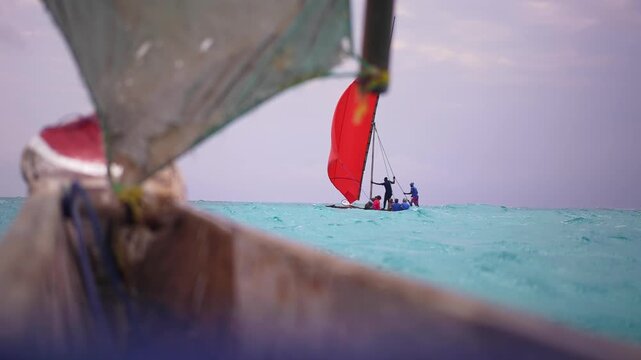 view from traditional wooden boat, near Nungwi beach in Zanzibar. African tropical island vacation, tourism destination in Tanzania