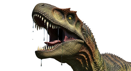 A close-up of a realistic Tyrannosaurus Rex head, showcasing its fearsome features, with drool dripping from its open mouth. This image evokes a sense of prehistoric power and dominance. 