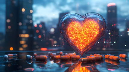 Transparent heart with glowing core and medicine capsules against cityscape backdrop
