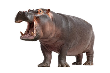 Fototapeta premium A large hippopotamus with its mouth open, showcasing its teeth, against a transparent background. background removed