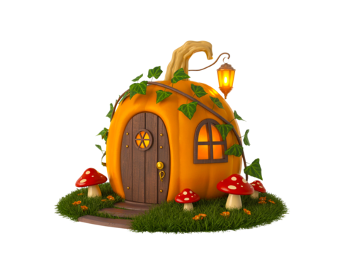 Pumpkin house isolated on transparent background with mushrooms and lantern