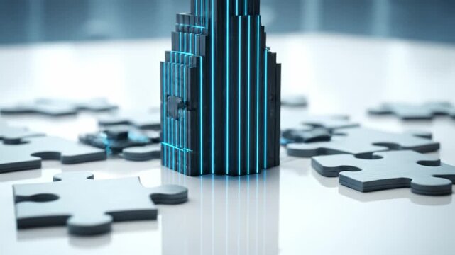 Futuristic Glowing Blue Tower with Scattered Puzzle Pieces on Reflective White Symbolizing Innovation, Problem Solving, Strategy, Teamwork, and Technology Integration
