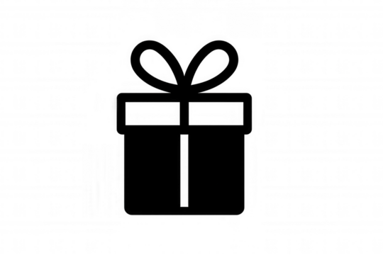 Black gift box icon with ribbon, presenting surprise, reward, or bonus delivery on transparent background