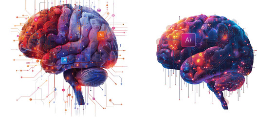 Abstract colorful brain illustration with digital network elements, isolated on transparent background