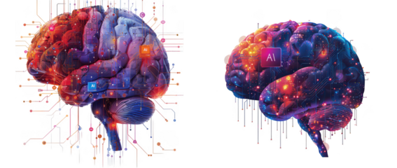 Abstract colorful brain illustration with digital network elements, isolated on transparent background