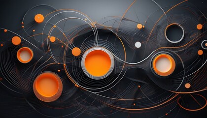 abstract dark gray background with layered circles and orange accents interconnected by lines and dots