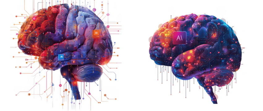 Abstract colorful brain illustration with digital network elements, isolated on transparent background