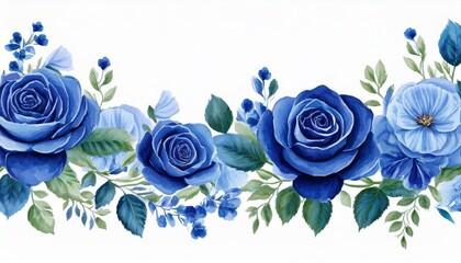 blue roses border watercolor isolated on white background