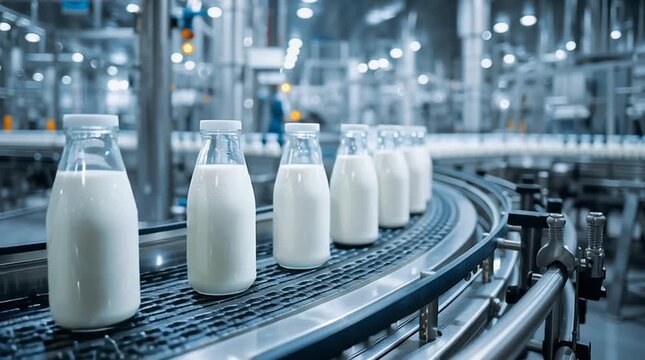 Bottles of fresh milk are moving along a conveyor belt in a modern dairy processing facility, showcasing the production and packaging process