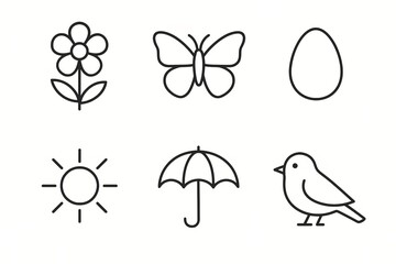 Minimalist line art icons: flower, butterfly, egg, sun, umbrella, bird