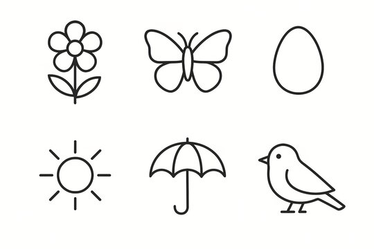Minimalist line art icons: flower, butterfly, egg, sun, umbrella, bird