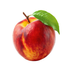 A single, ripe nectarine with a green leaf, isolated on a transparent background. background removed