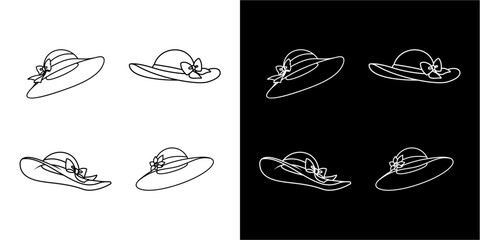 Four elegant sun hats, depicted in line art, arranged on contrasting backgrounds.
