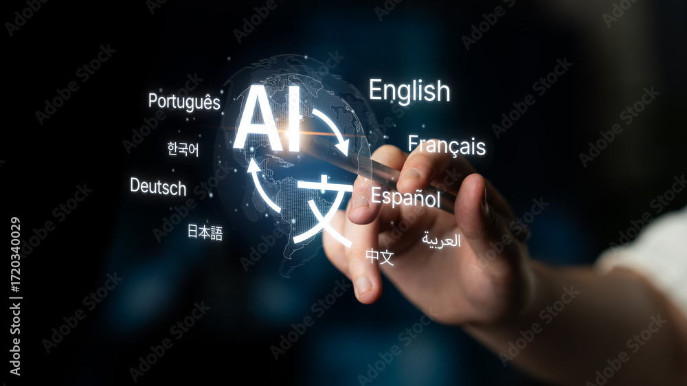 Poster global communication with multiple languages, digital translation tools, multilingual technology, cr