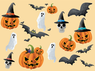 magical Halloween elements and seamless pattern. Skull, bones, bat, spider, web, Skeleton, pumpkin, jack-o'-lantern, ghost, skull, bat, hat, sweets. Design for wrapping paper, print, Halloween party