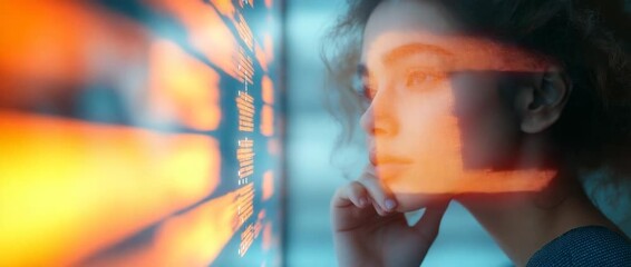 Object is young woman with glowing brain interface for AI development visuals, neuroscience blog covers, and tech innovation content, in double exposure style, orange and blue palette, side view - Powered by Adobe