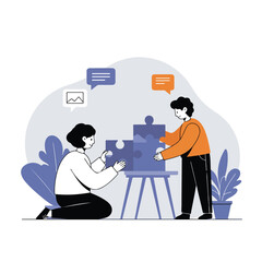 People solve jigsaw puzzle on table; communication bubbles