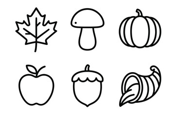 Set of autumn symbols: leaf, mushroom, pumpkin, apple, acorn, cornucopia outlines