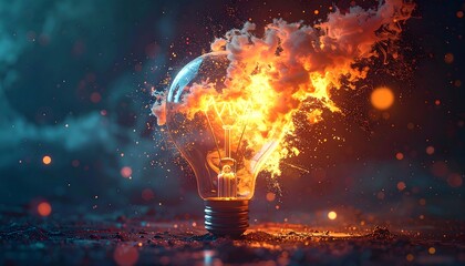 A glowing lightbulb engulfed in fiery smoke