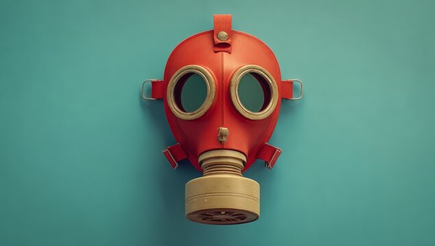 Red gas mask with a strap around the head. The mask is on a blue background. The mask is a symbol of protection