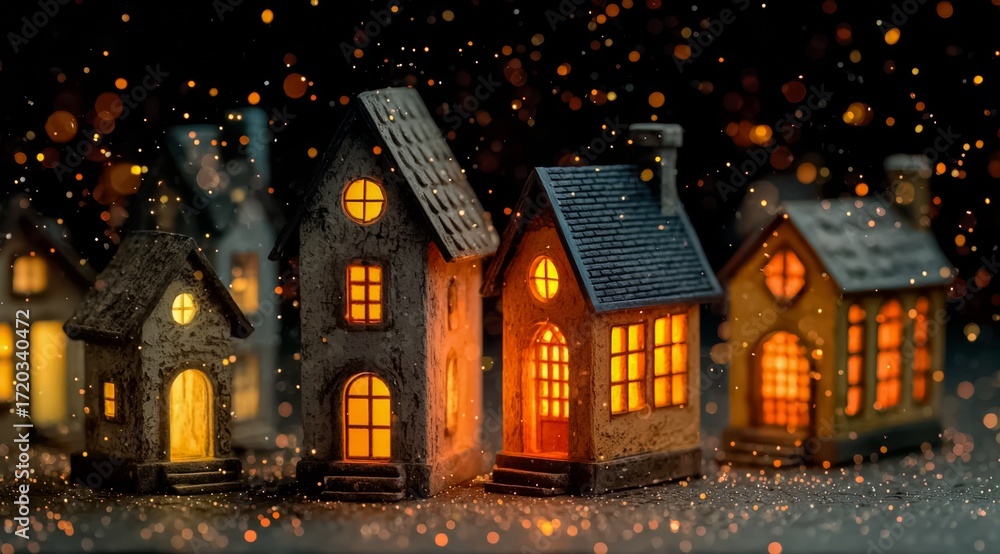 Poster row of small houses with lights on them. the houses are arranged in a row and are lit up