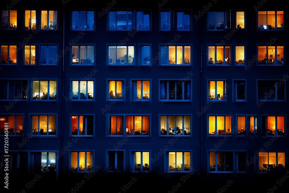 Poster row of windows in a building are lit up at night. the lights are on in the windows, creating a warm