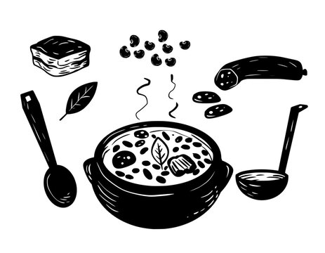 Brazilian food, complete feijoada. Vector in woodcut style.