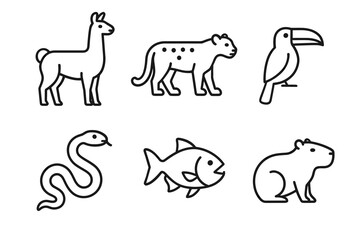 Outline icons of llama, jaguar, toucan, snake, fish, and capybara