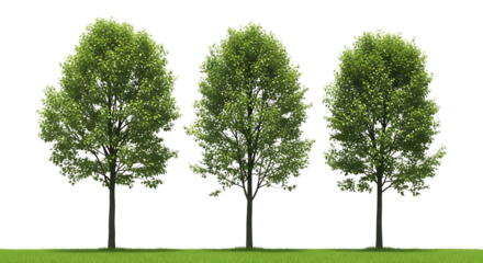 Three Green Leafy Trees on Grassy Ground Transparent Background