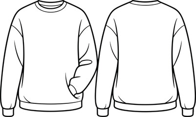 Technical fashion flat sketch of crew neck sweatshirt with long sleeves, ribbed cuffs and hem, front and back viewsTechnical fashion flat sketch of crew neck sweatshirt with long sleeves,